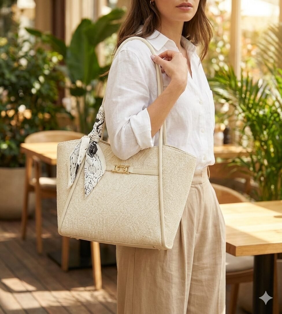 midnight woven texture tote with leopard scarf accent cream