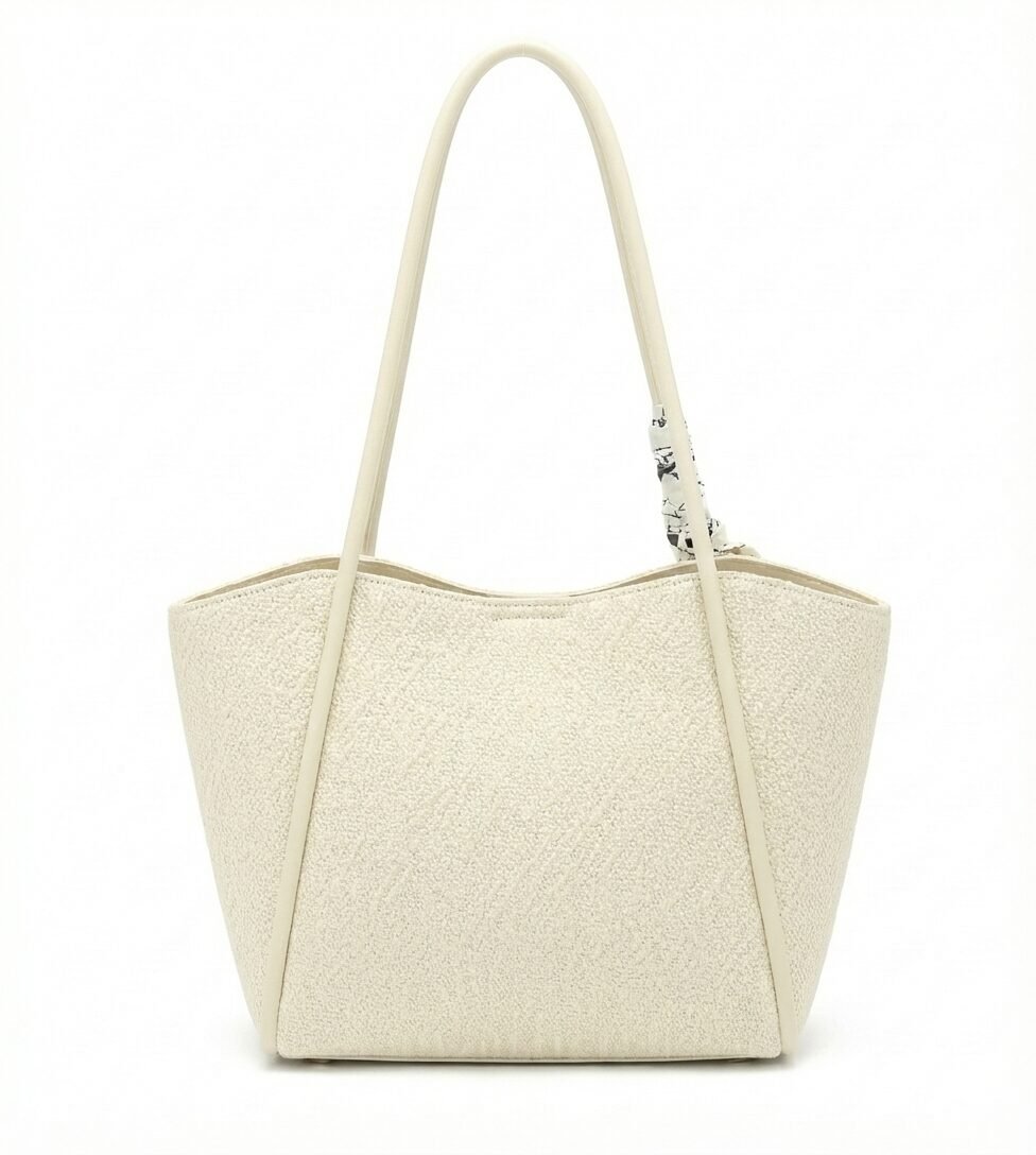 midnight woven texture tote with leopard scarf accent cream