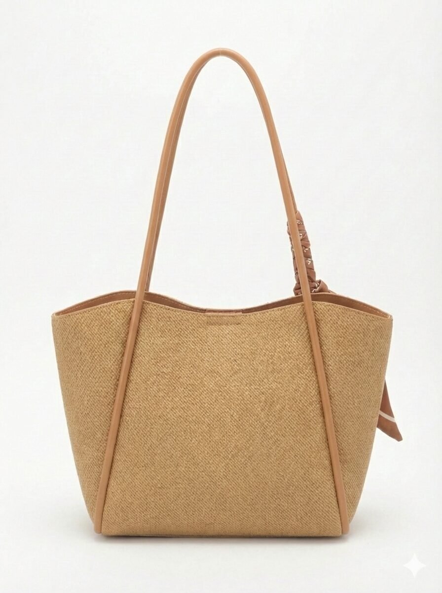 Midnight Woven Texture Tote with Leopard Scarf Accent Golden Tone — view 2 of 3