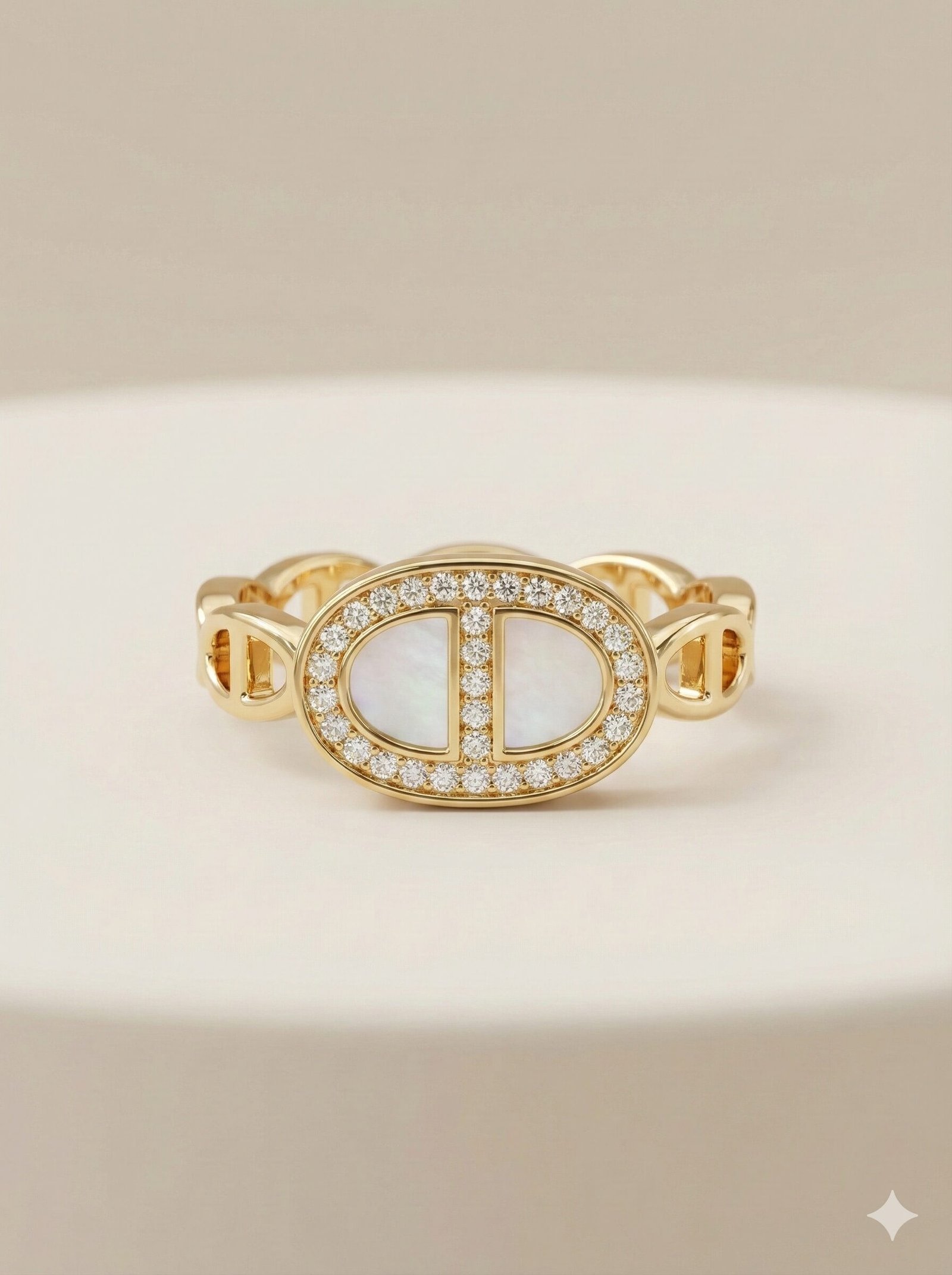 Gold-Tone Marine Link Ring with Oval Pave Halo and Pearlescent Inlay