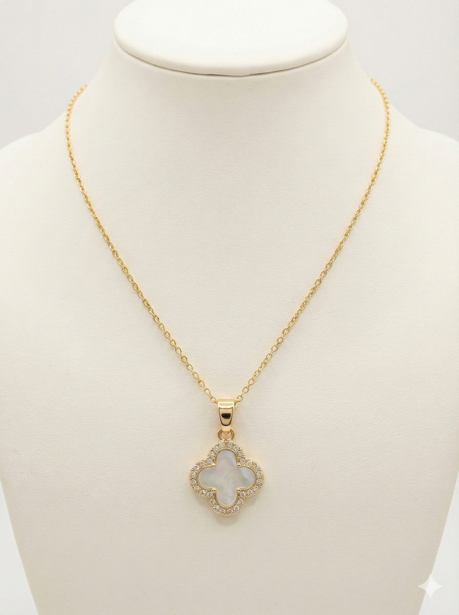 Gold-Tone Four-Leaf Clover Pendant Necklace with White Pearlescent Inlay and Crystal Halo Border