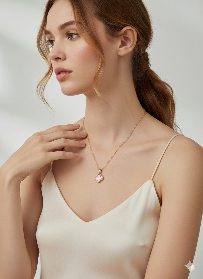 Gold-Tone Pink Clover Pendant Necklace with Crystal Halo Accent and Adjustable Link Chain — view 4 of 4