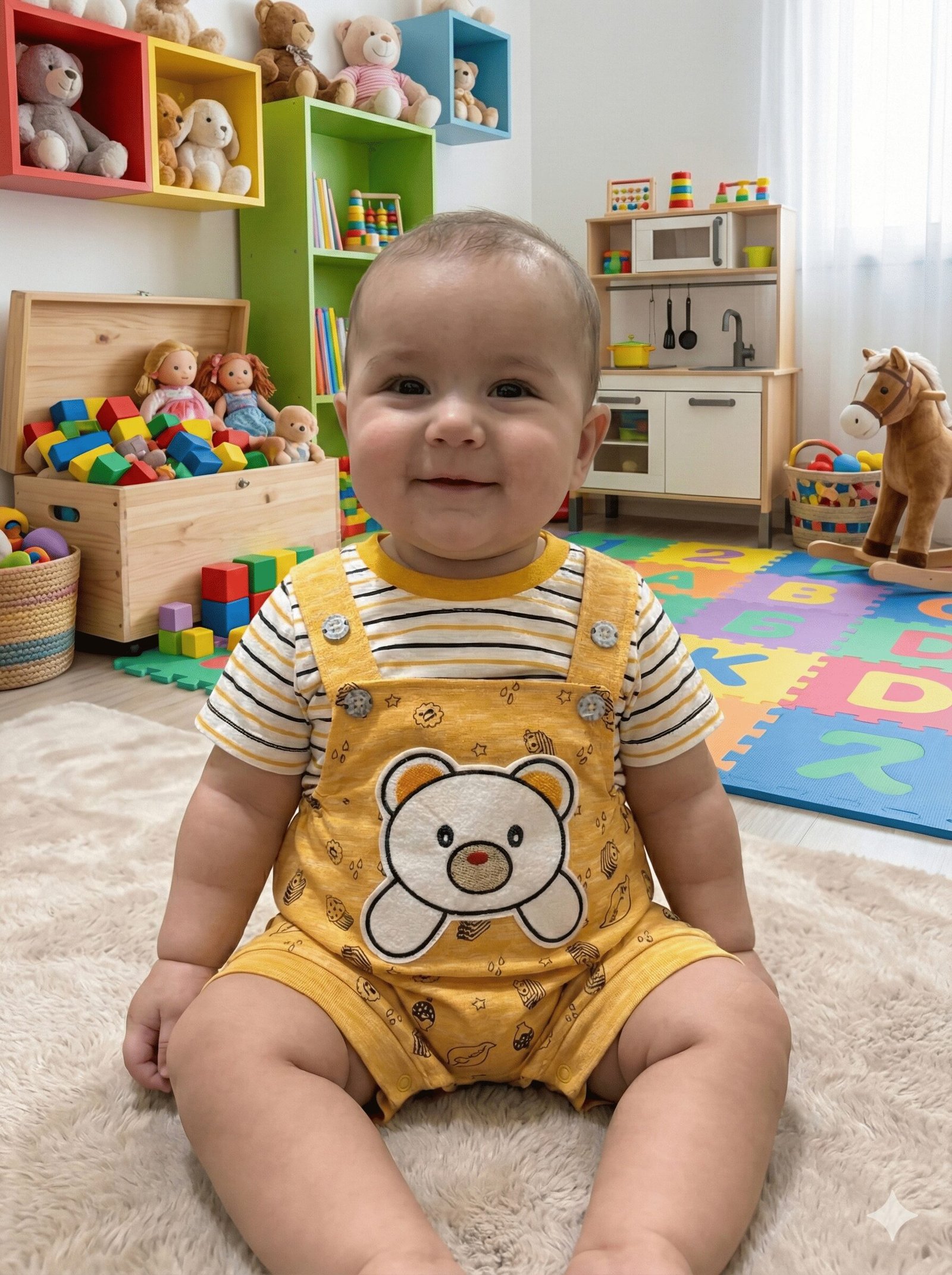 SPICE KIDS BABY Yellow Bear Shortalls & Striped Tee Set