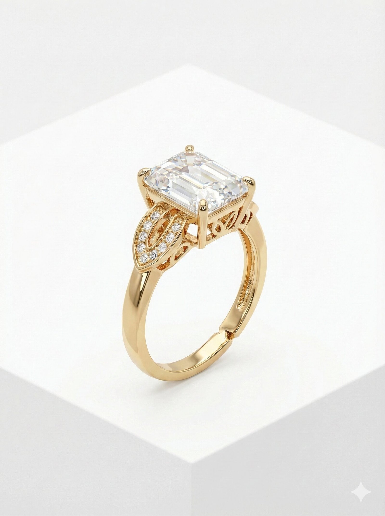 Gold-Tone Emerald Cut Solitaire Ring with Crystal Leaf Accents and Adjustable Band