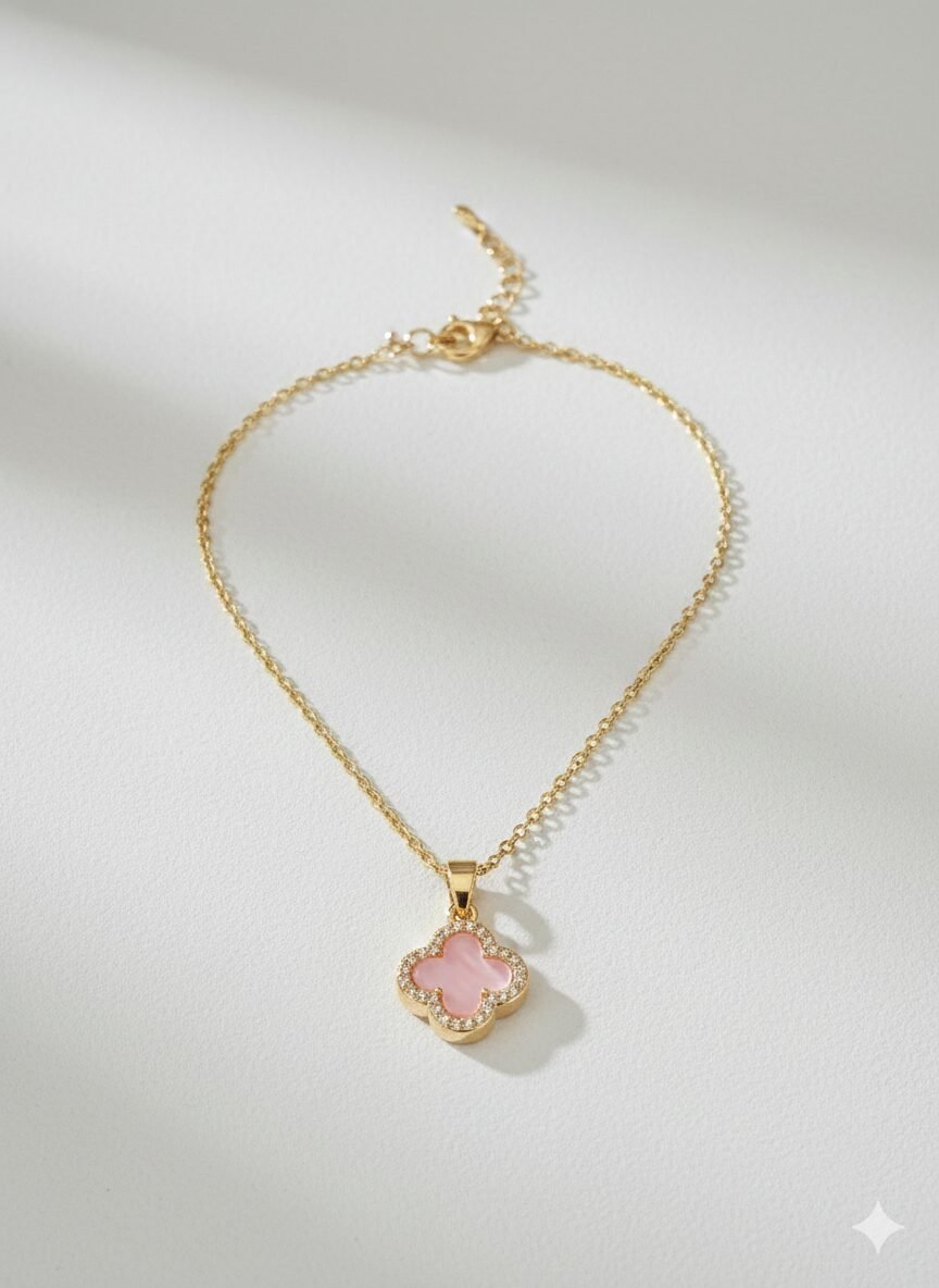 Gold-Tone Pink Clover Pendant Necklace with Crystal Halo Accent and Adjustable Link Chain