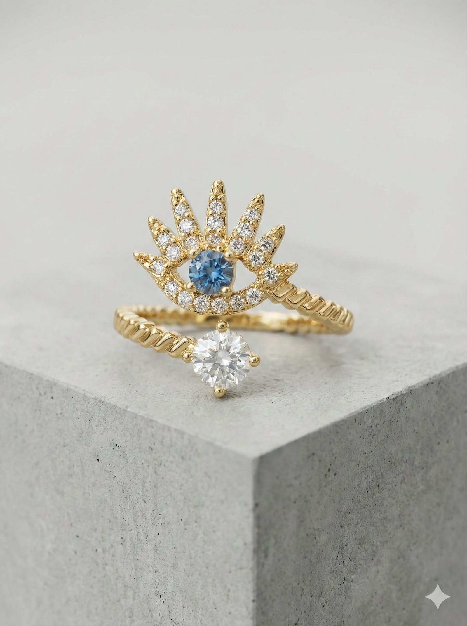 Gold-Toned Evil Eye Open Ring with Solitaire Accent and Twisted Rope Band