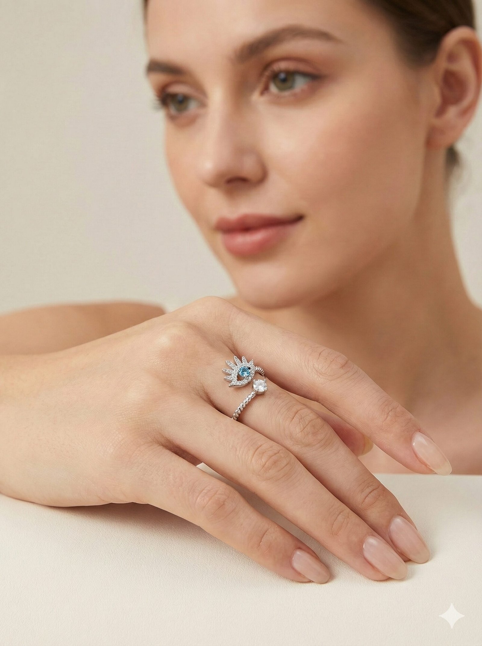 Silver-Tone Twisted Open Ring with Pave Eye Motif and Blue Stone Center — view 2 of 3