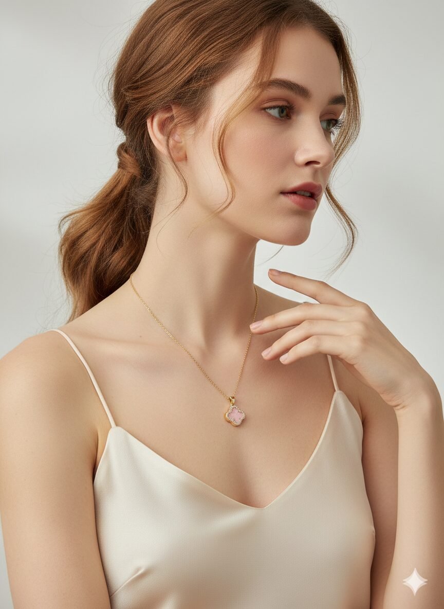 Gold-Tone Pink Clover Pendant Necklace with Crystal Halo Accent and Adjustable Link Chain — view 3 of 4