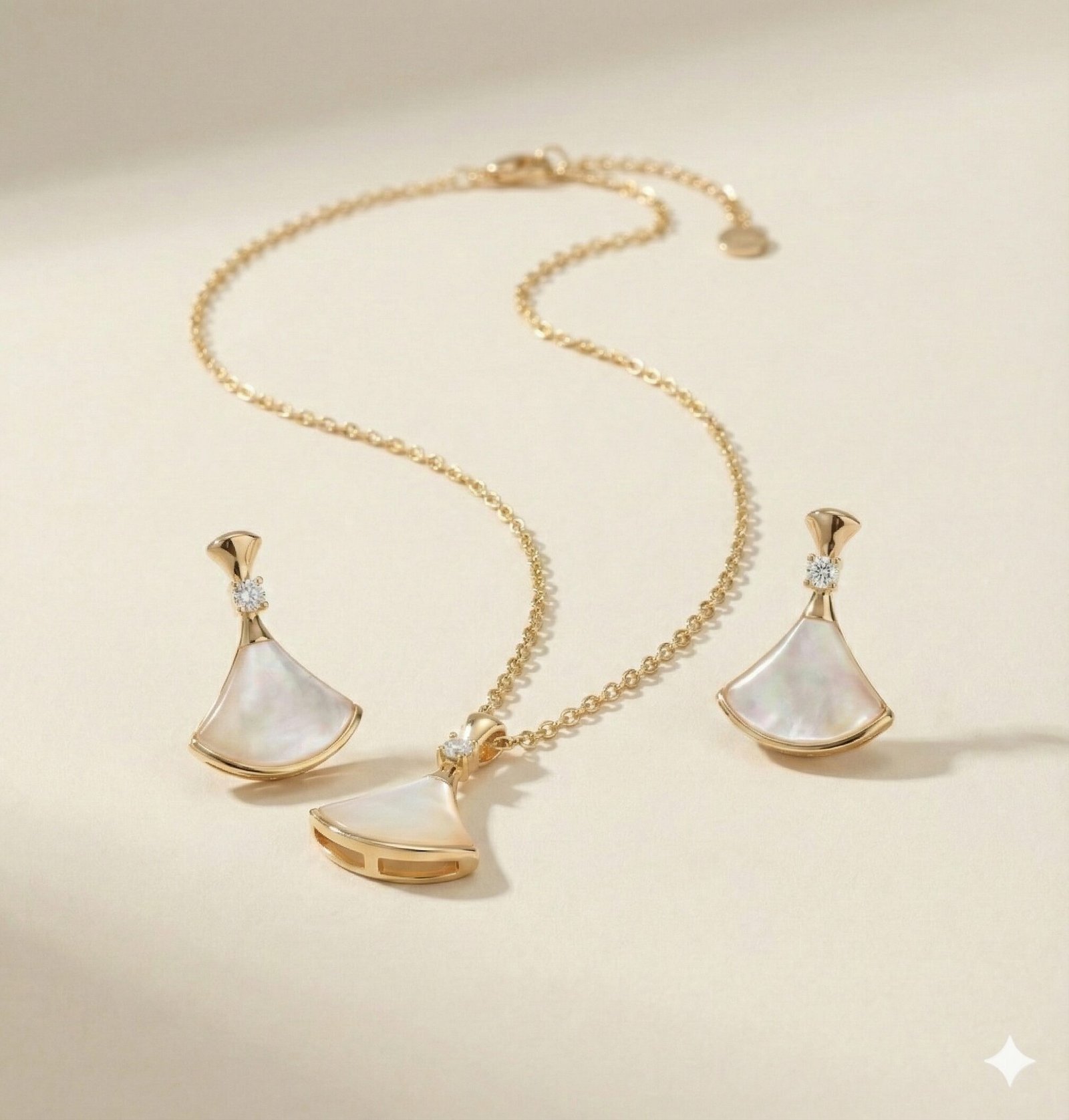 Gold-Tone Fan Motif Necklace and Earring Set with Pearlescent Inlay and Clear Stone Accents