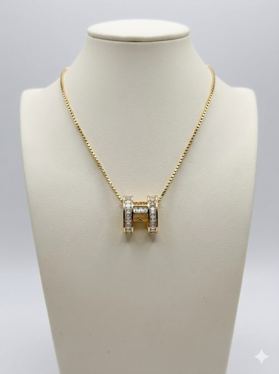 Gold-Tone Geometric H-Pendant Necklace with Baguette-Cut Clear Stones on Box Chain