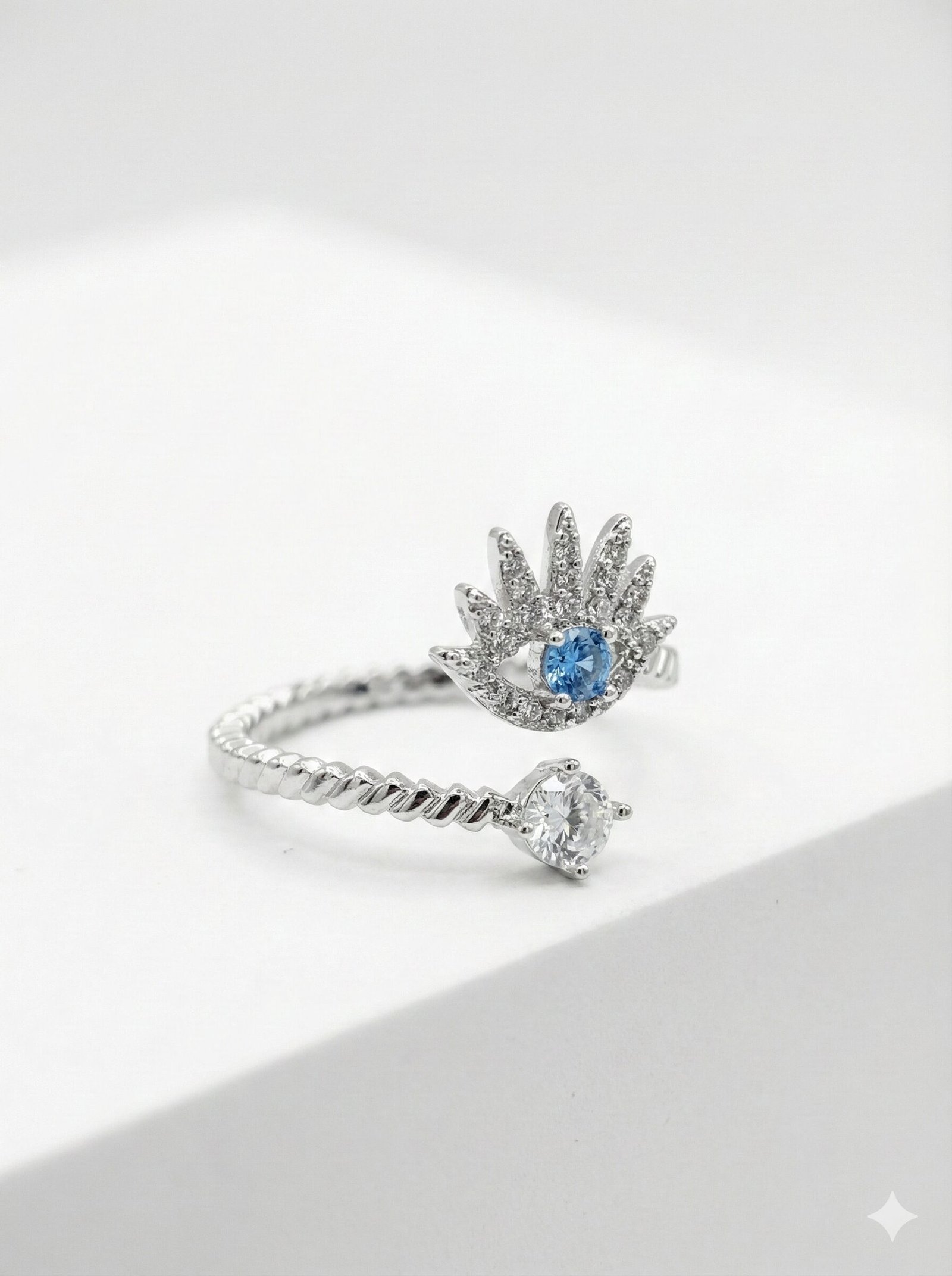 Silver-Tone Twisted Open Ring with Pave Eye Motif and Blue Stone Center — view 3 of 3