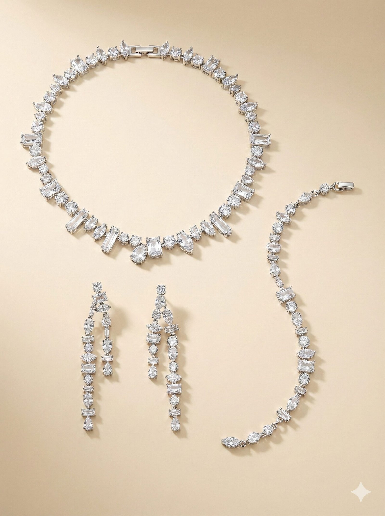 Silver-Tone Mixed-Cut Crystal Jewelry Set – Necklace, Bracelet & Double-Drop Earrings