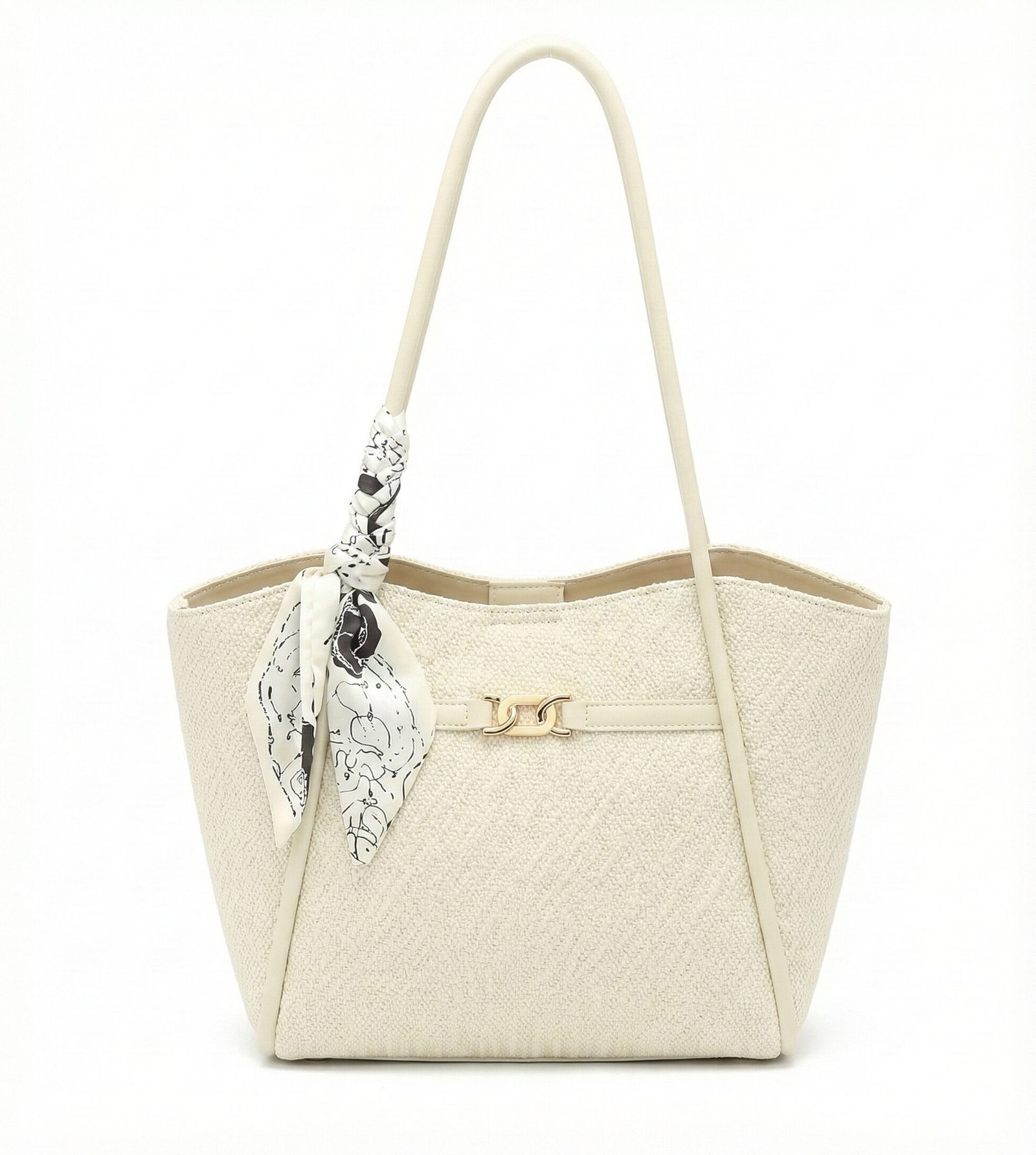 Midnight Woven Texture Tote with Leopard Scarf Accent Cream