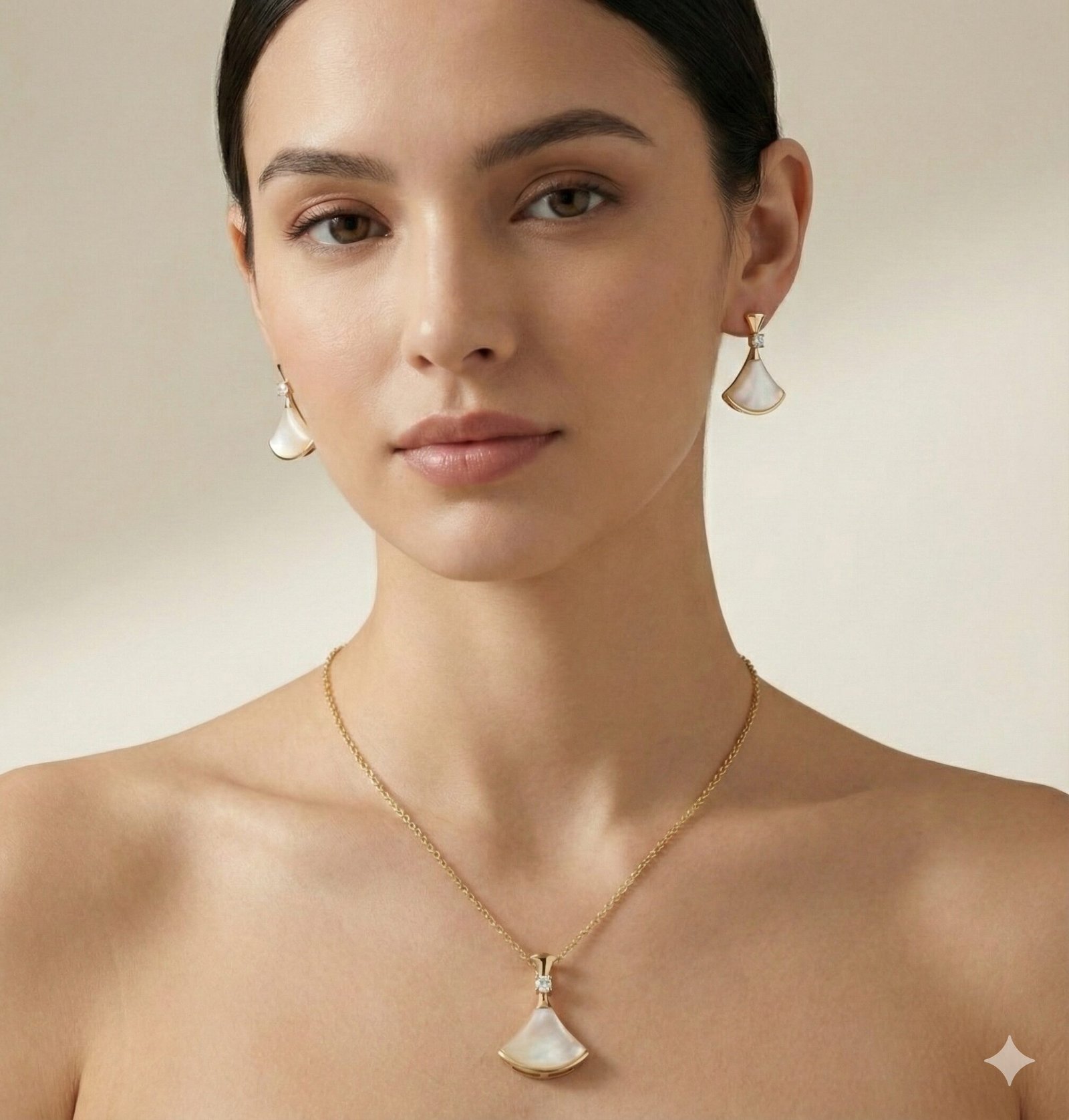 Gold-Tone Fan Motif Necklace and Earring Set with Pearlescent Inlay and Clear Stone Accents — view 4 of 4