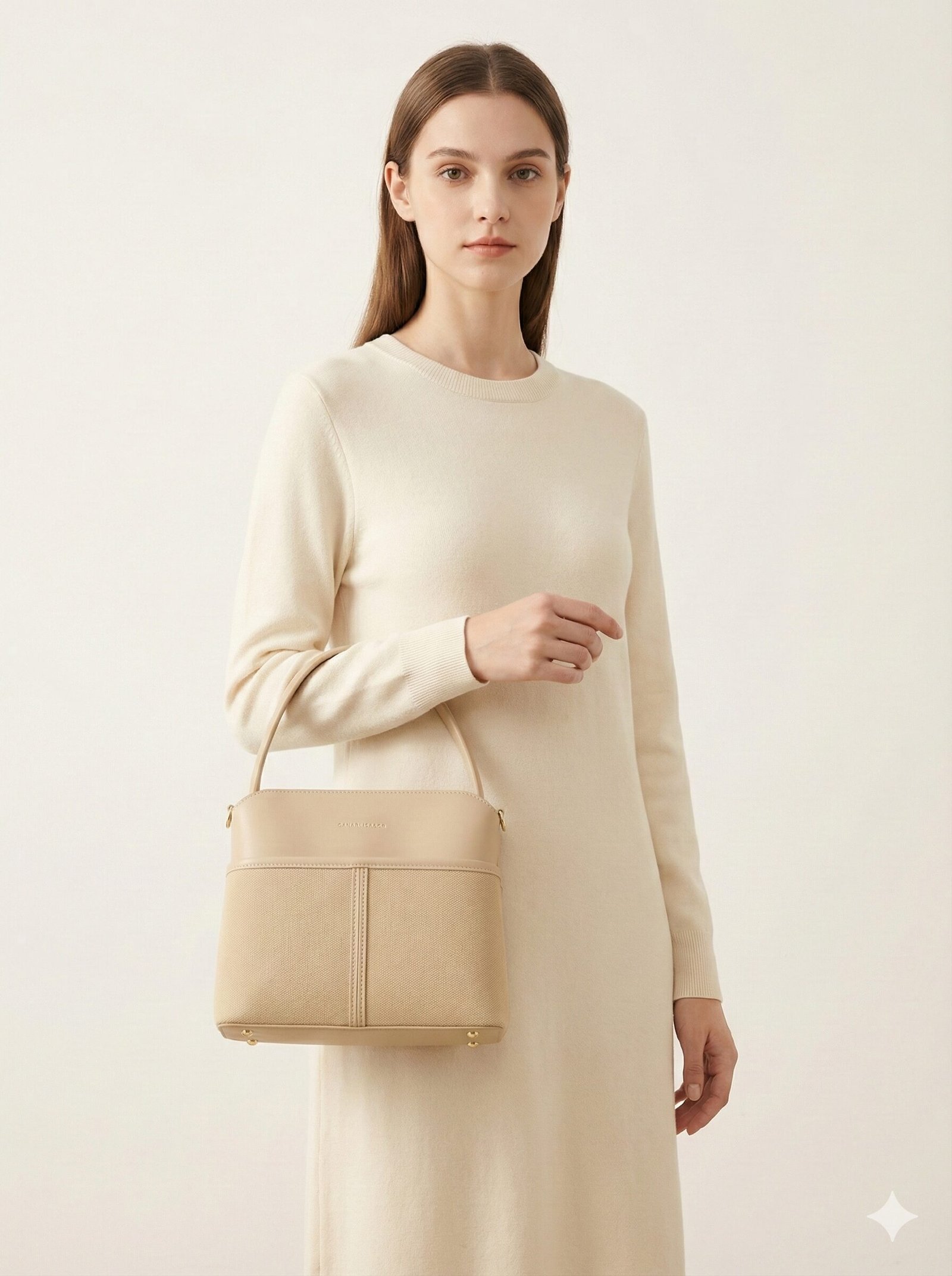 The Two-Tone Canvas & Leatherette Satchel – Sand Beige — view 3 of 4