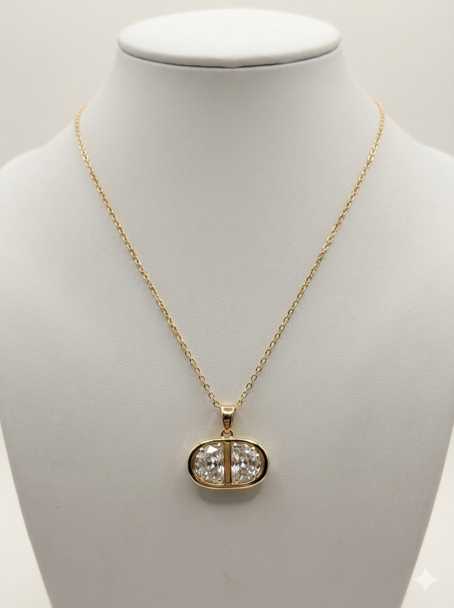 Gold-Tone Oval Pendant Necklace with Dual Faceted Clear Crystals