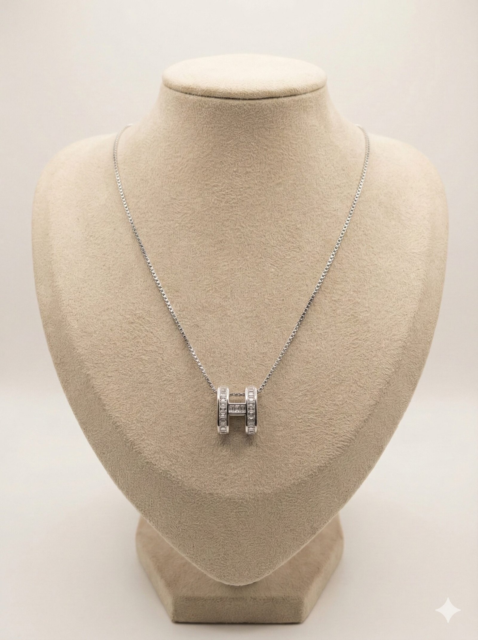 Silver-Tone Geometric H Pendant Necklace with Baguette-Cut Clear Stones