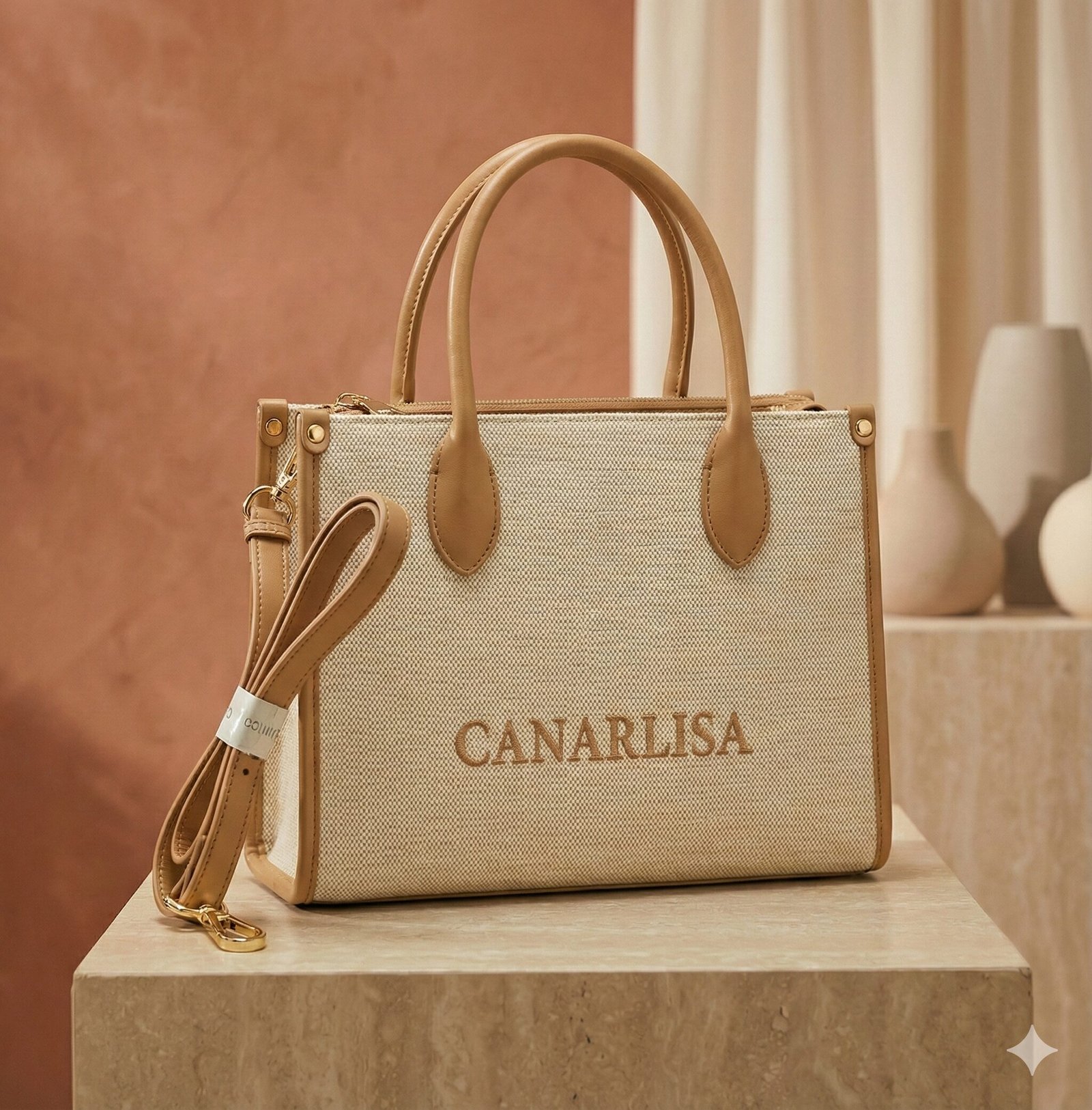Canarlisa Structured Canvas Tote Bag – Cream & Tan
