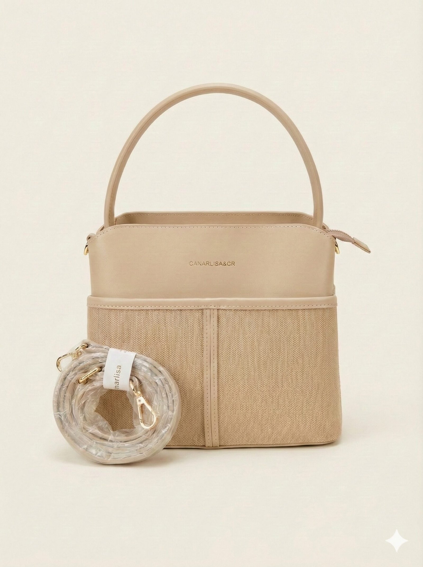 The Two-Tone Canvas & Leatherette Satchel – Sand Beige