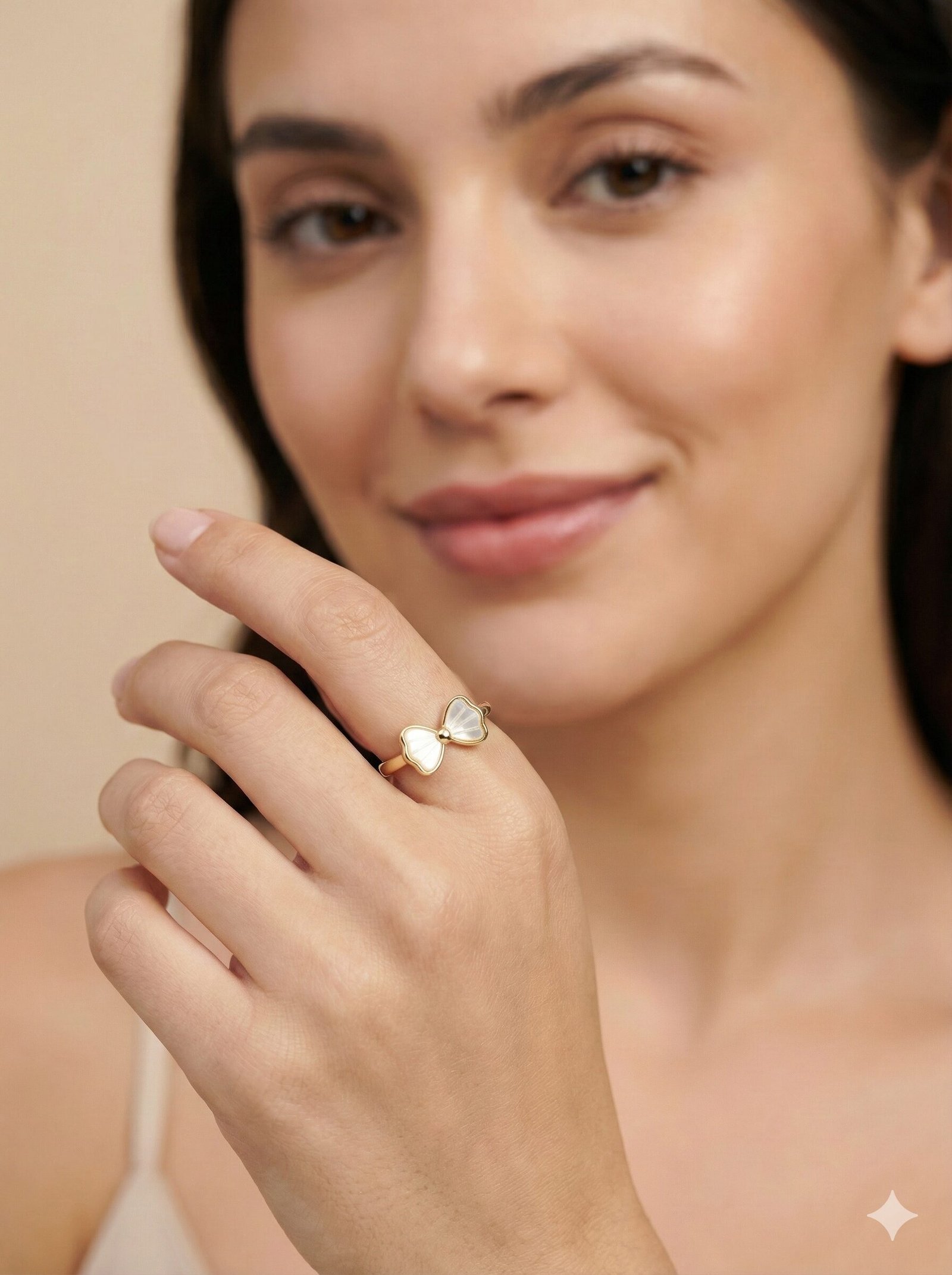 Elegant Gold-Tone Bow Ring with White Pearlescent Inlay and Radial Detailing — view 3 of 4