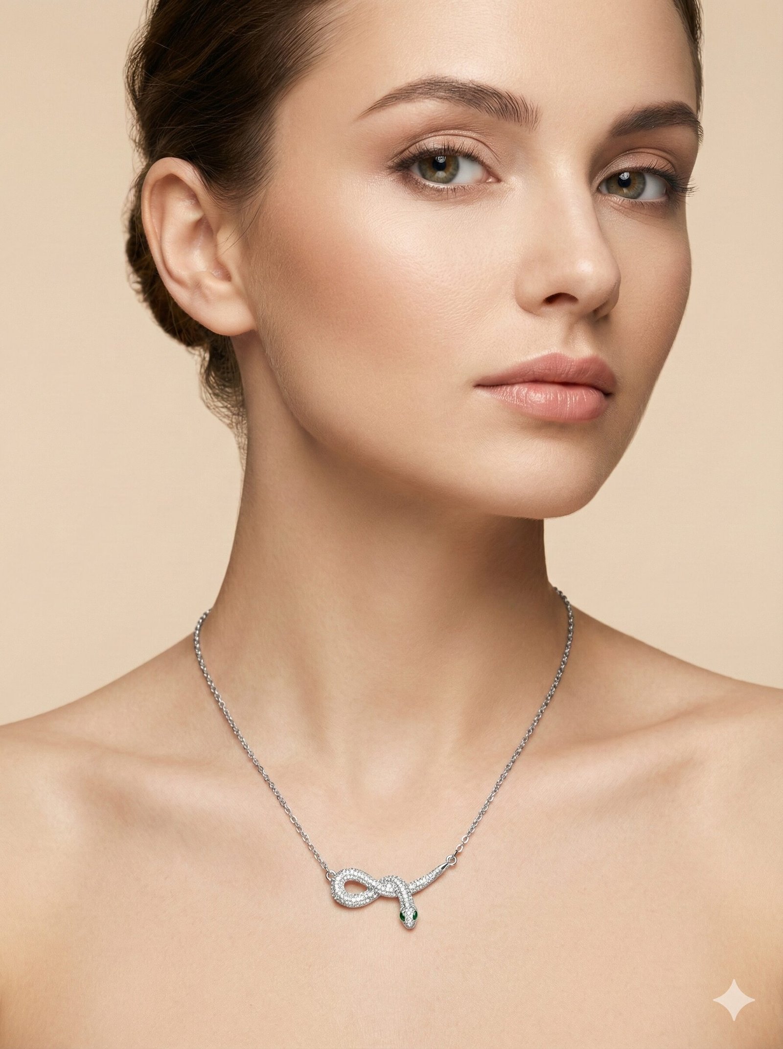 Silver-Tone Coiled Snake Pendant Necklace with Clear Pavé Stones and Green Accents — view 3 of 3