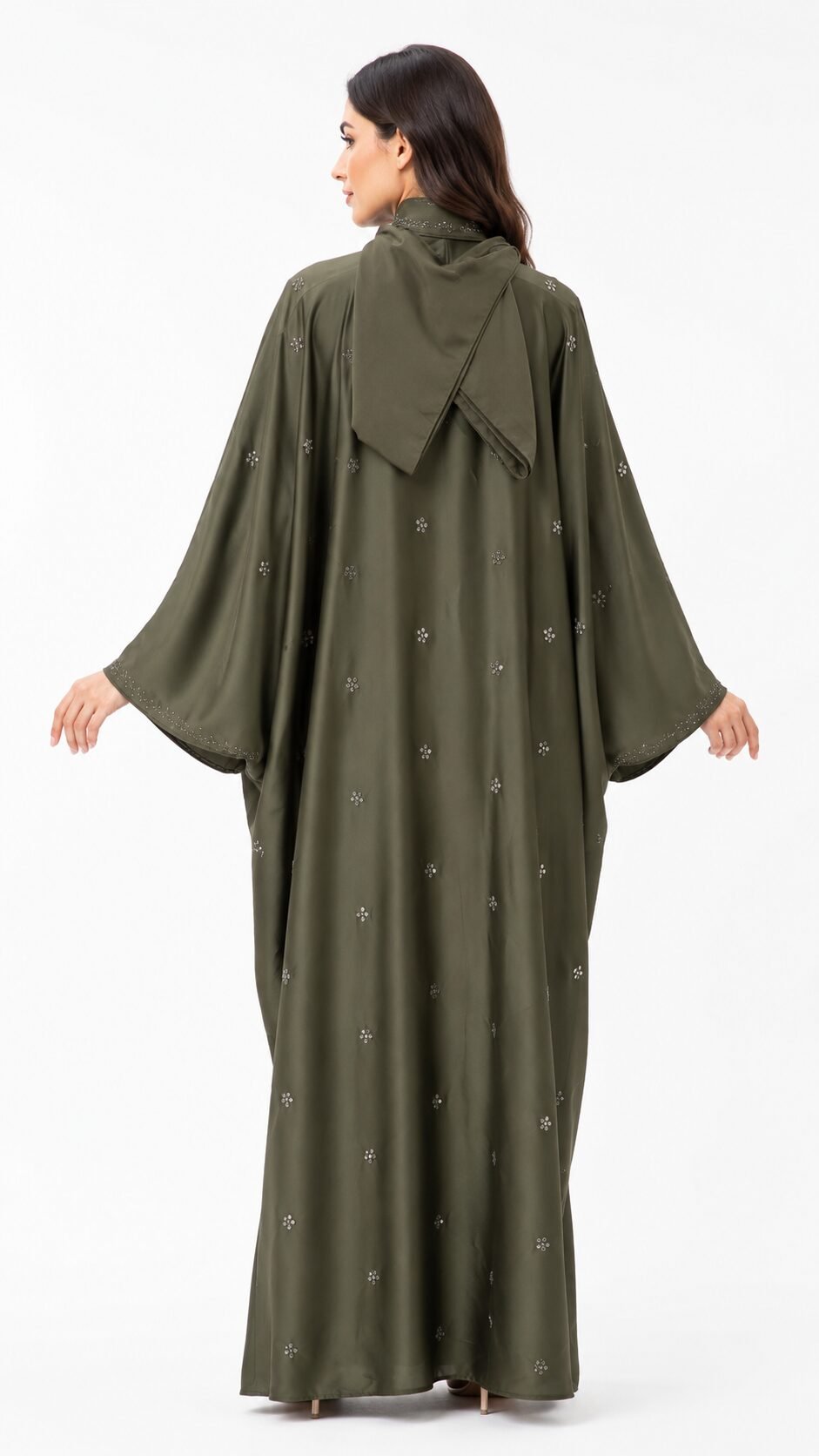 Tik Tok Fabric Embellished Kaftan Abaya – Olive Green - Image 2