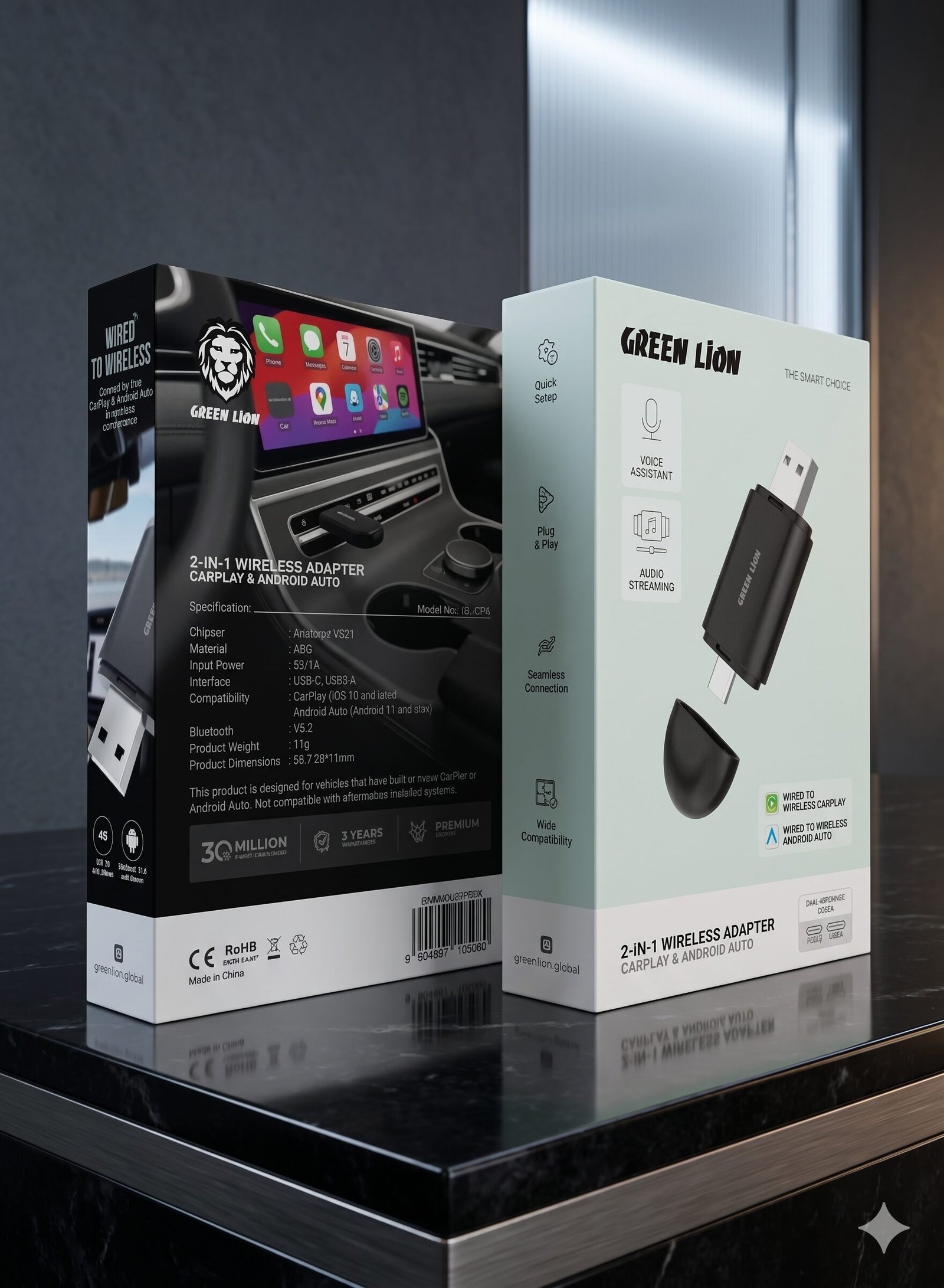 Green Lion 2-in-1 Wireless CarPlay & Android Auto Adapter – Wired to Wireless Dongle — view 2 of 4