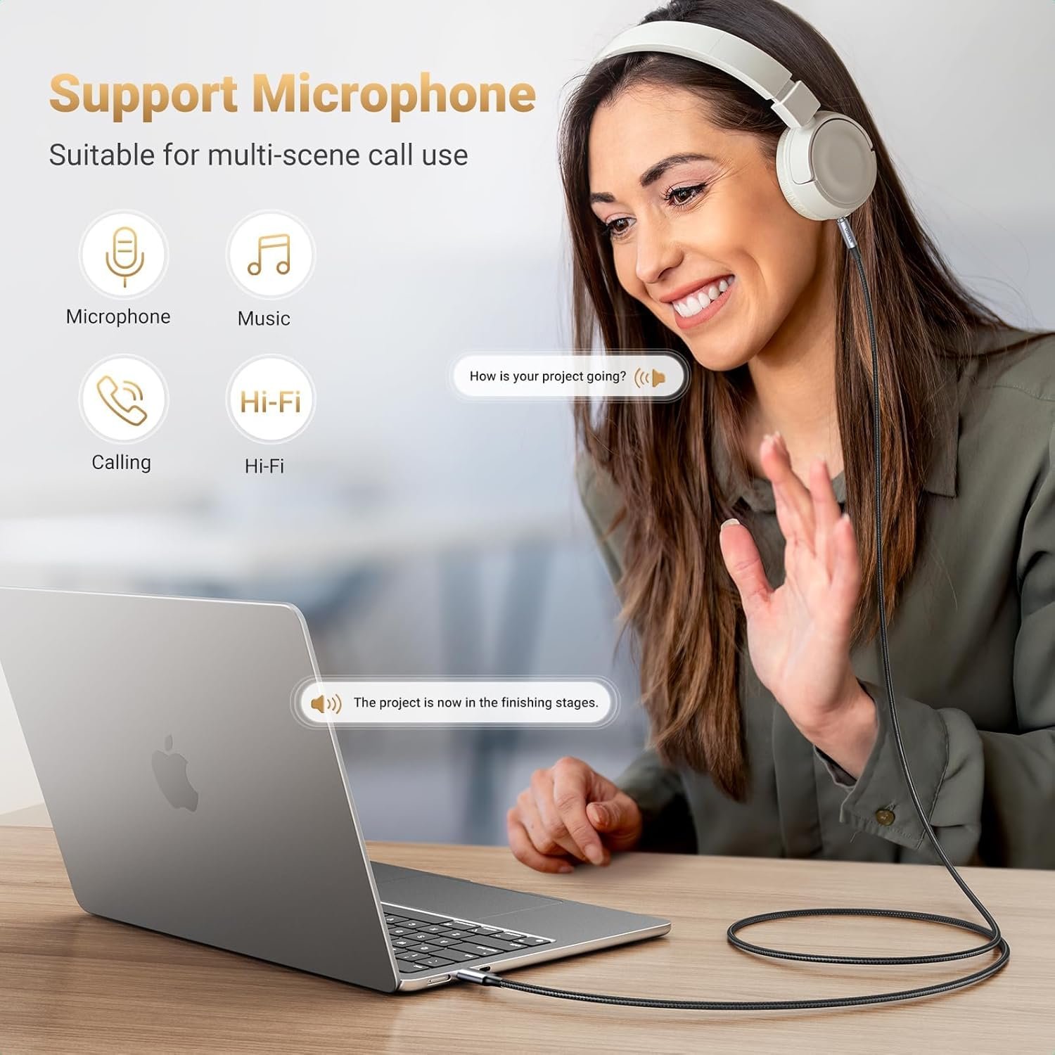 USB C Male to 3.5mm Audio Cable with DAC Chip 1M Headphone Adapter Audio Male Jack Plug Cable Car Stereo Adapter — view 6 of 8