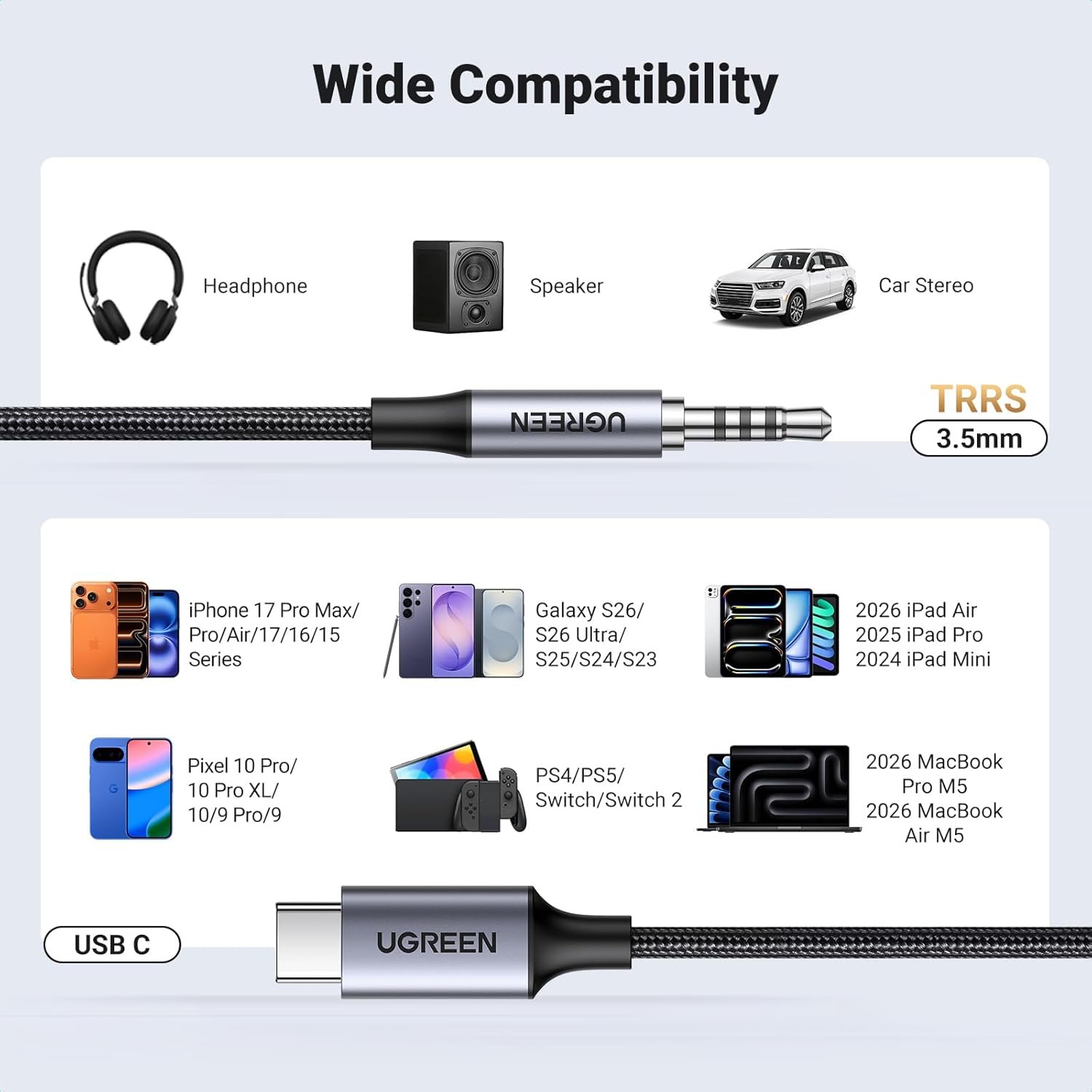 USB C Male to 3.5mm Audio Cable with DAC Chip 1M Headphone Adapter Audio Male Jack Plug Cable Car Stereo Adapter — view 4 of 8
