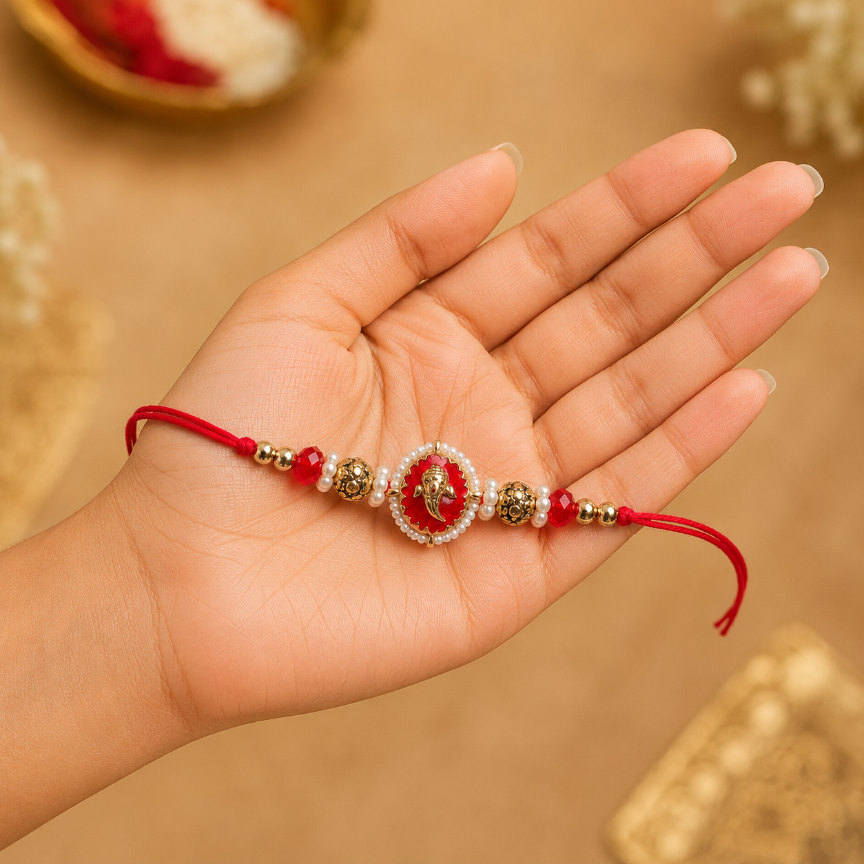 Shree Ganesha Pearl & Crystal Rakhi - Image 2