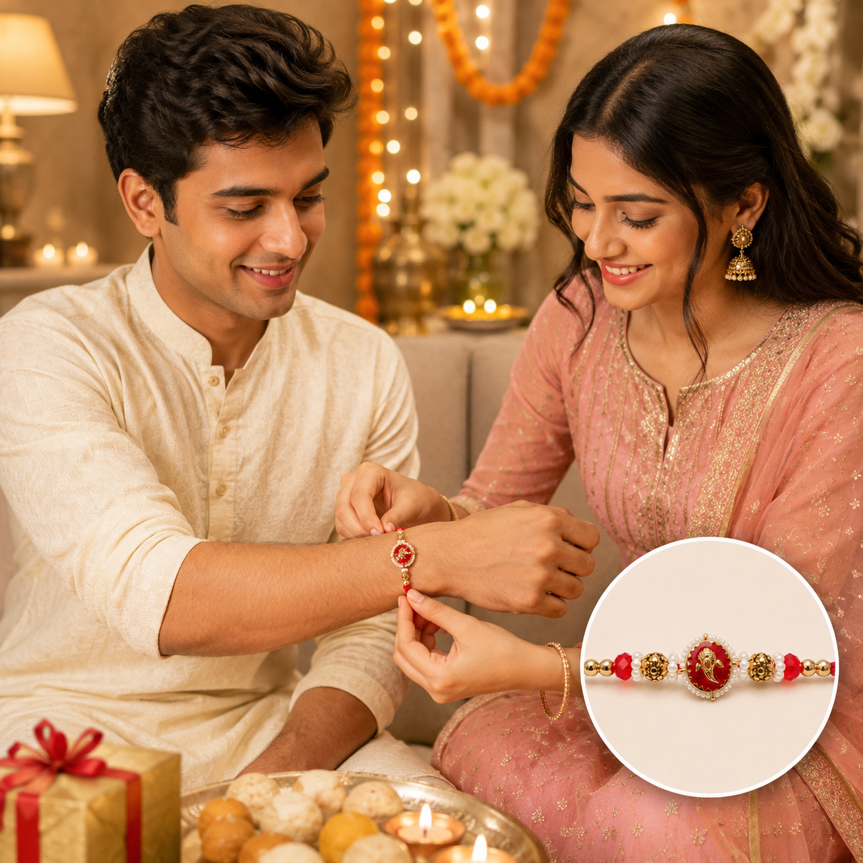 Shree Ganesha Pearl & Crystal Rakhi - Image 3