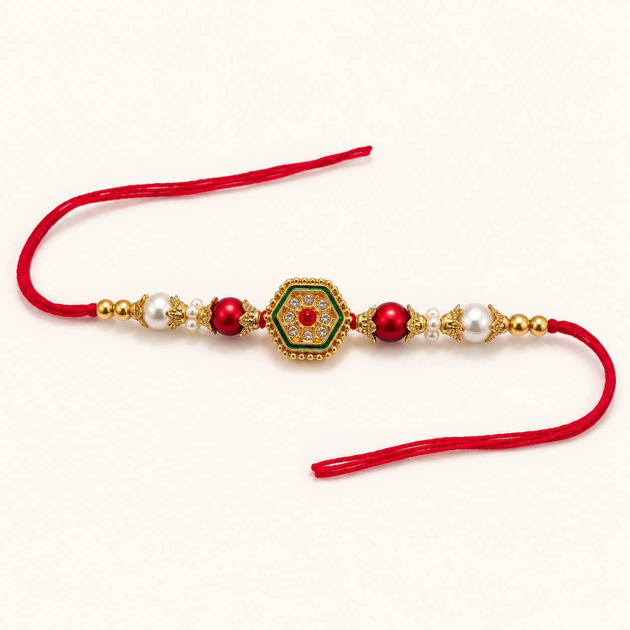 Royal Hexagon Pearl Rakhi – Premium Kundan Designer Raksha Bandhan Bracelet