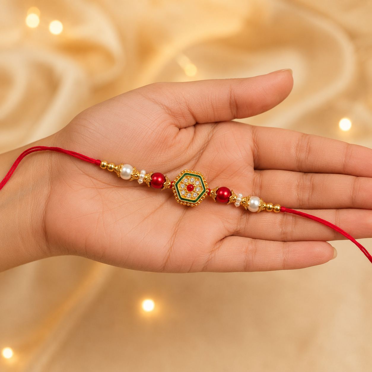 Royal Hexagon Pearl Rakhi – Premium Kundan Designer Raksha Bandhan Bracelet - Image 2