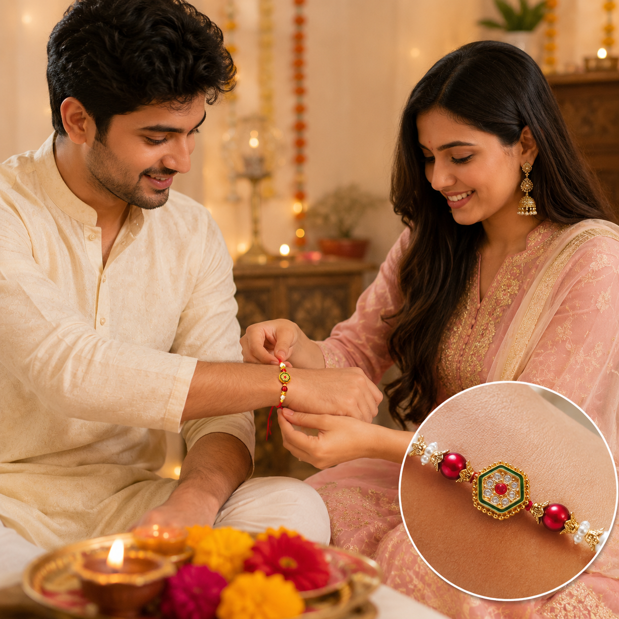 Royal Hexagon Pearl Rakhi – Premium Kundan Designer Raksha Bandhan Bracelet - Image 3