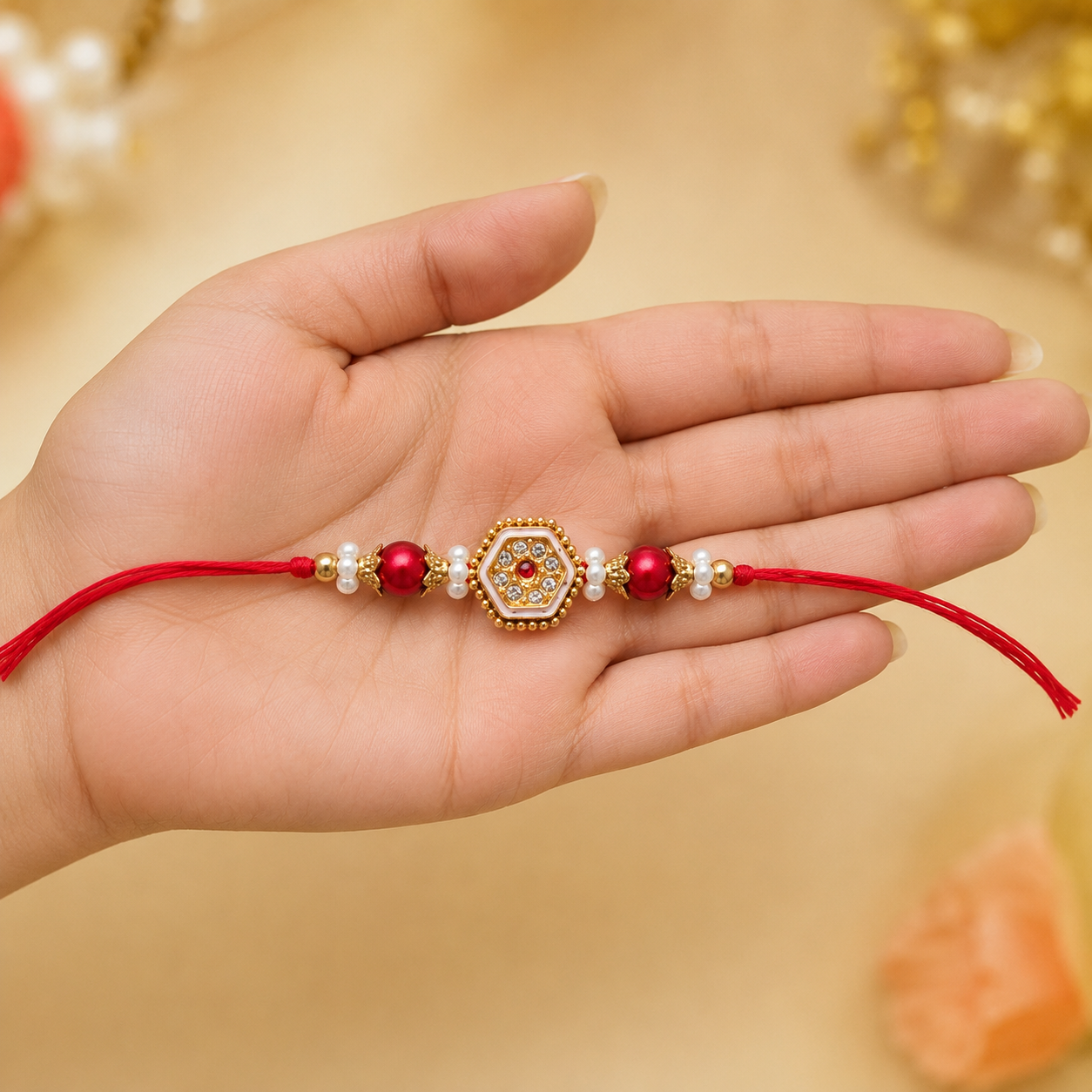 Royal Pearl Hexagon Rakhi – Premium Kundan Designer Raksha Bandhan Bracelet - Image 2
