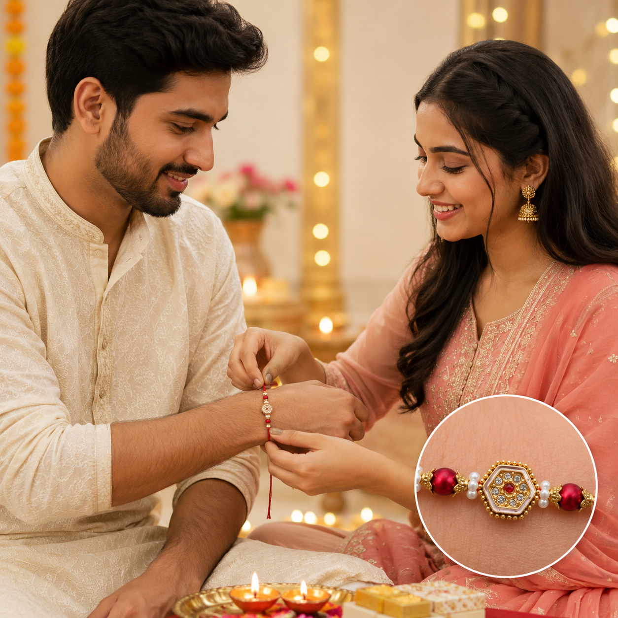 Royal Pearl Hexagon Rakhi – Premium Kundan Designer Raksha Bandhan Bracelet - Image 3