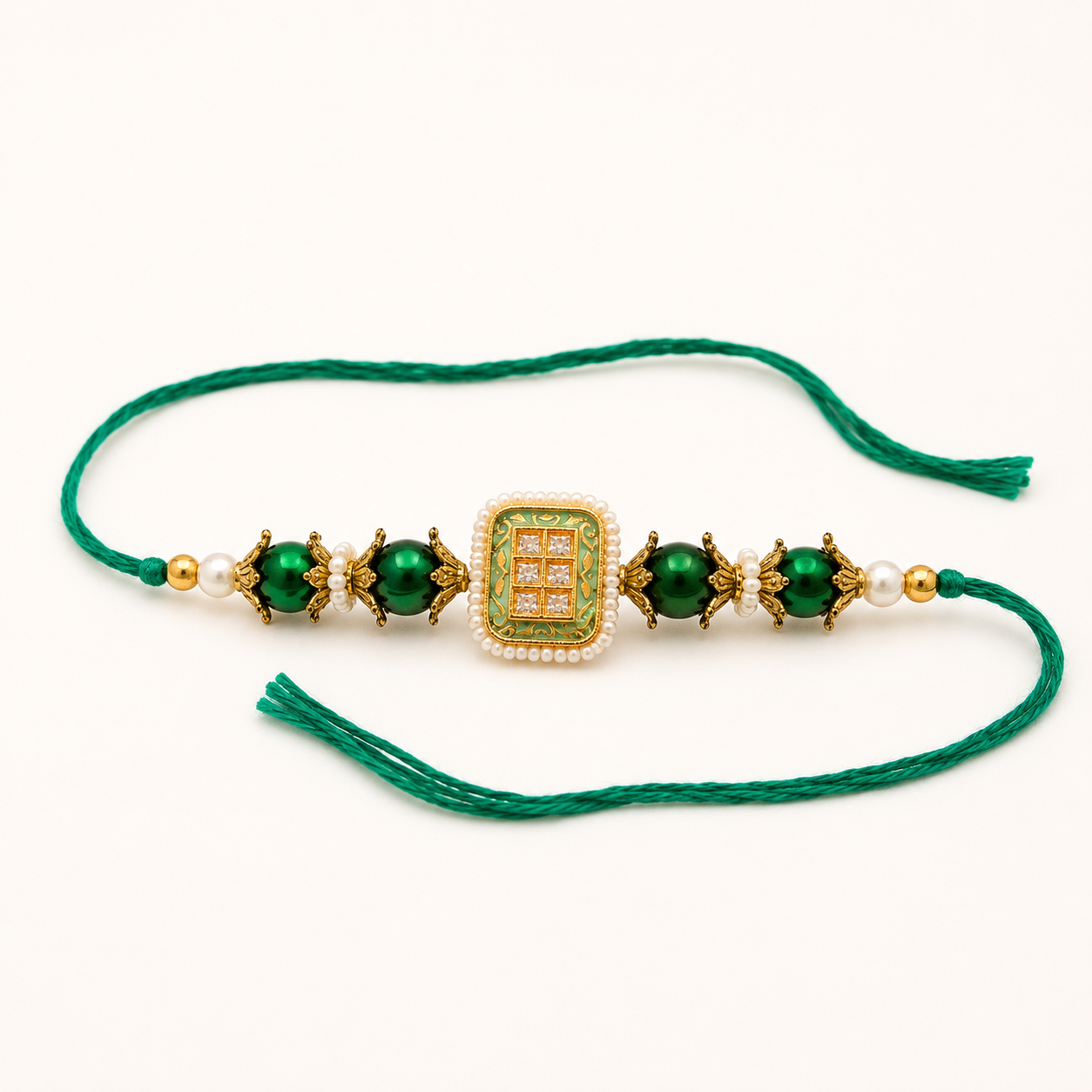 Royal Emerald Pearl Designer Rakhi – Premium Kundan Raksha Bandhan Bracelet