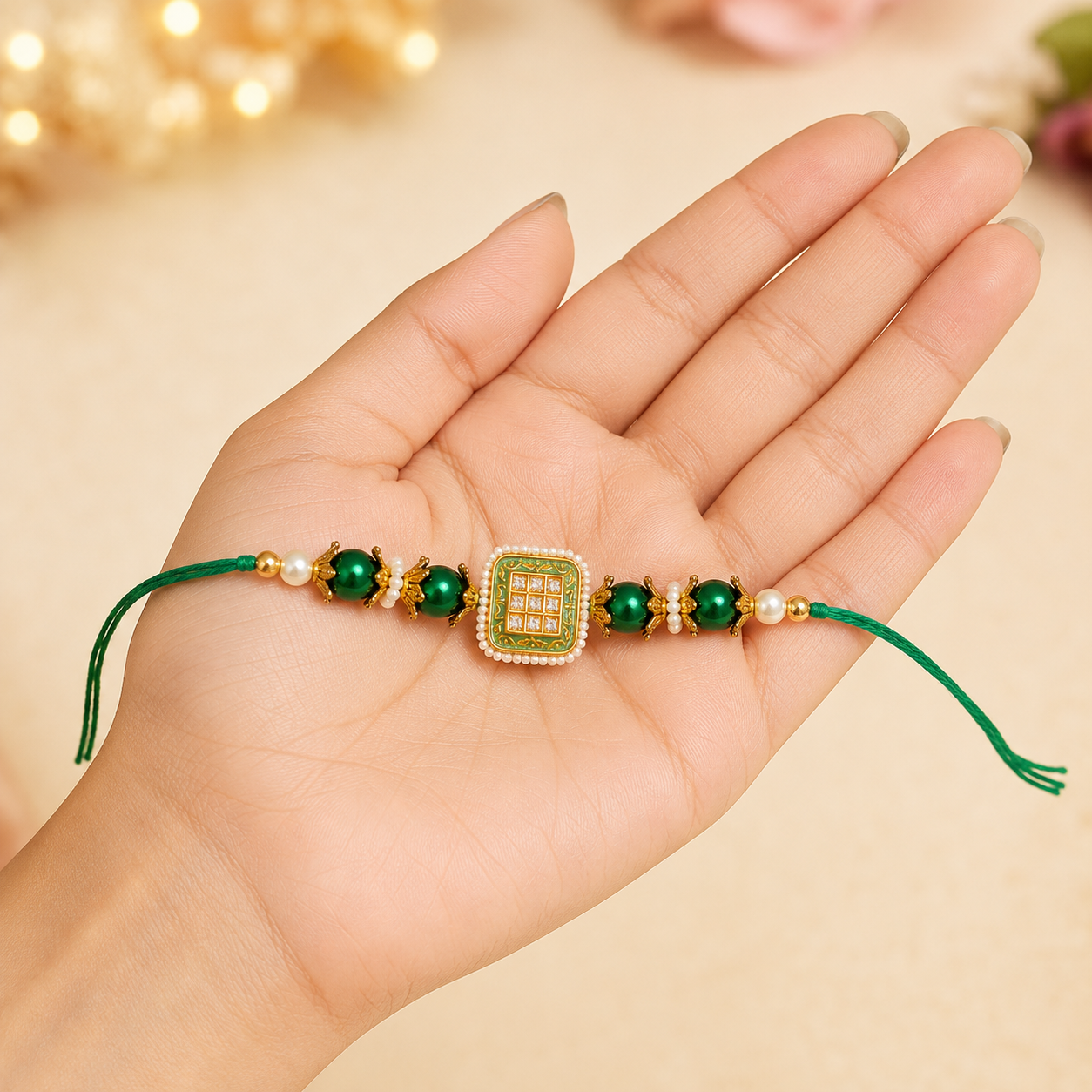 Royal Emerald Pearl Designer Rakhi – Premium Kundan Raksha Bandhan Bracelet - Image 2
