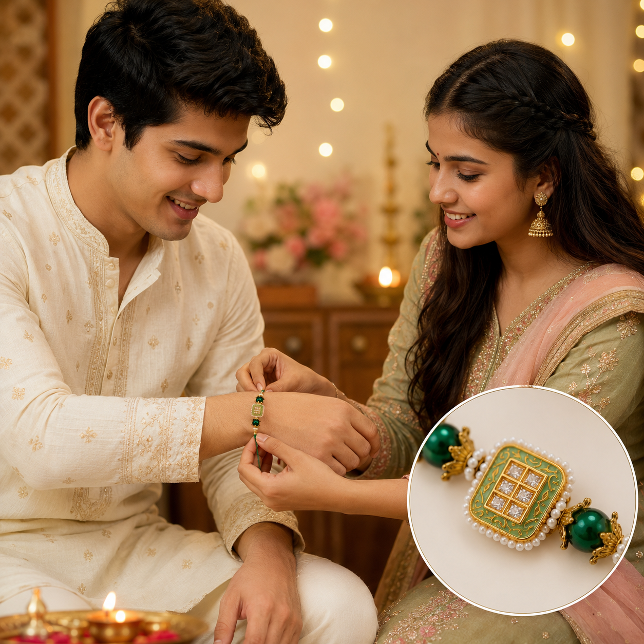 Royal Emerald Pearl Designer Rakhi – Premium Kundan Raksha Bandhan Bracelet - Image 3