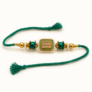 Royal Emerald Heritage Rakhi – Premium Kundan Pearl Designer Bracelet