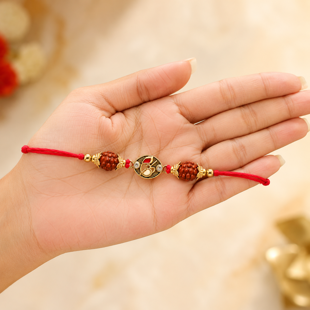 Divine Om Rudraksha Rakhi – Premium Spiritual Designer Raksha Bandhan Bracelet - Image 2
