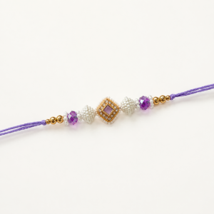 Elegant Lavender Crystal & Pearl Designer Rakhi with Gold-Tone Square Charm
