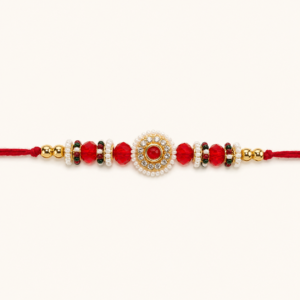 Royal Ruby Crystal Rakhi – Premium Kundan Pearl Designer Bracelet