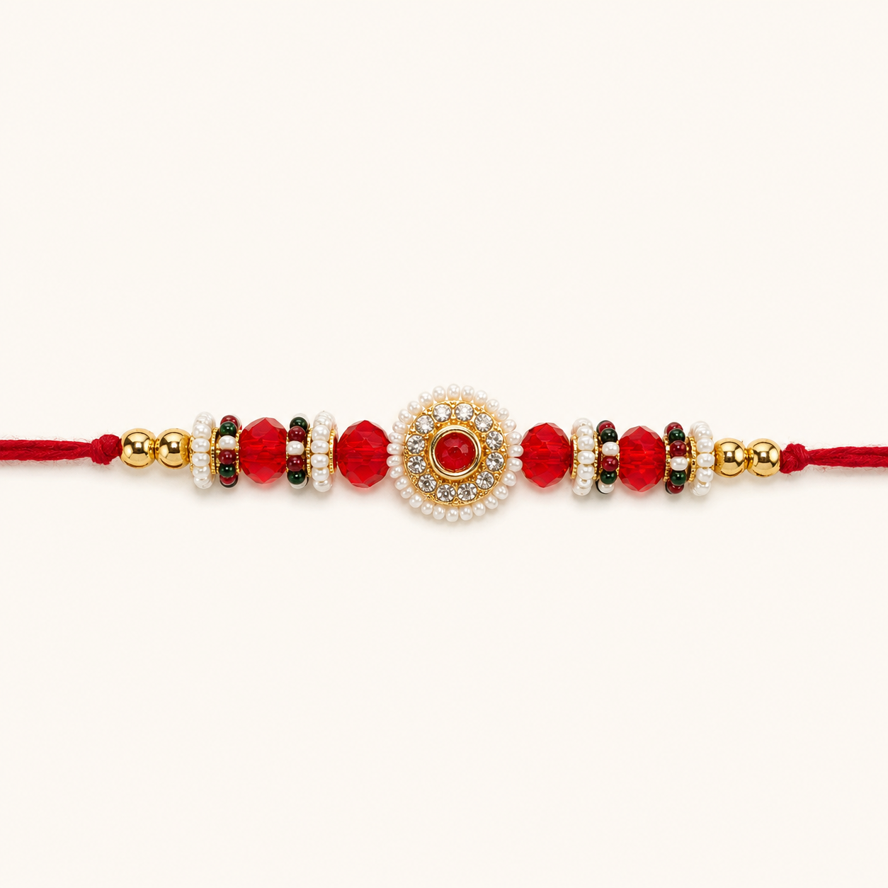 Royal Ruby Crystal Rakhi – Premium Kundan Pearl Designer Bracelet