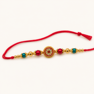 Royal Floral Dial Designer Rakhi with Red & Teal Pearl Beads for Brother