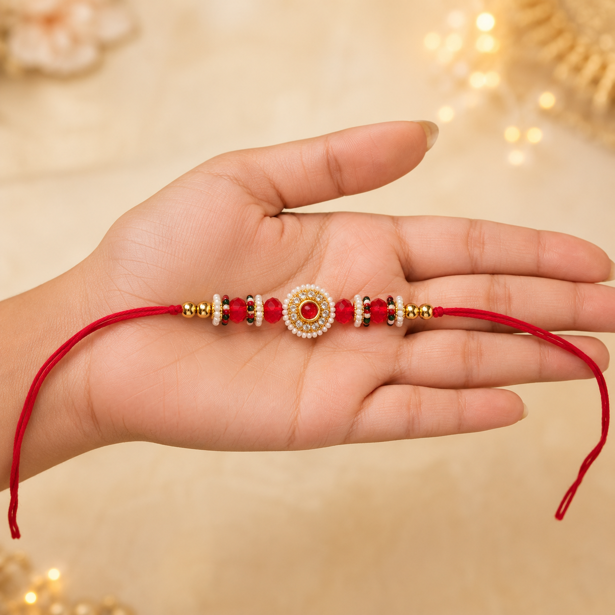 Royal Ruby Crystal Rakhi – Premium Kundan Pearl Designer Bracelet - Image 2