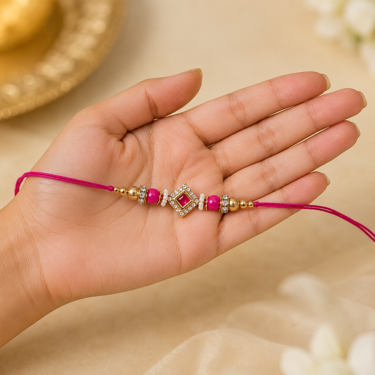 Luxury Lavender Crystal & Pearl Handcrafted Designer Rakhi - Image 2