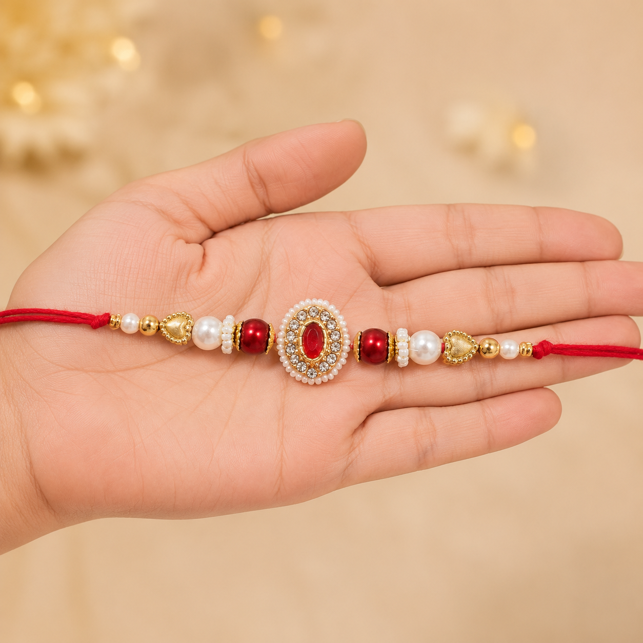 Royal Crimson Pearl Rakhi – Premium Kundan & Pearl Raksha Bandhan Bracelet - Image 2