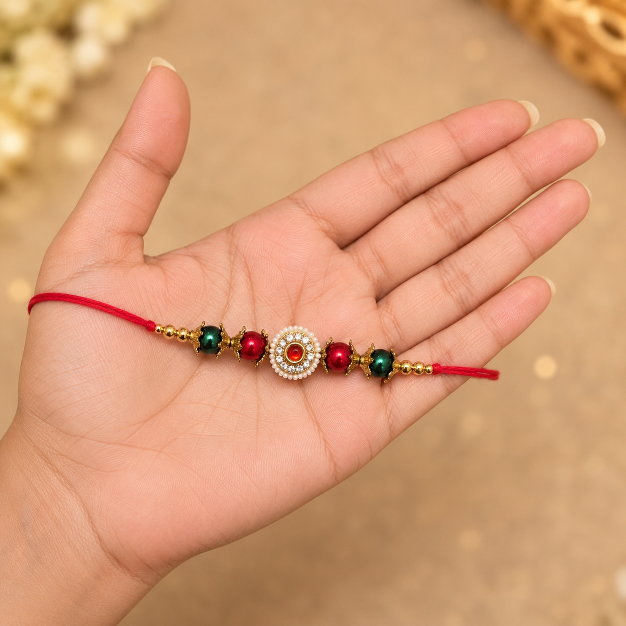 Royal Emerald & Ruby Designer Rakhi – Premium Kundan Pearl Rakhi - Image 2
