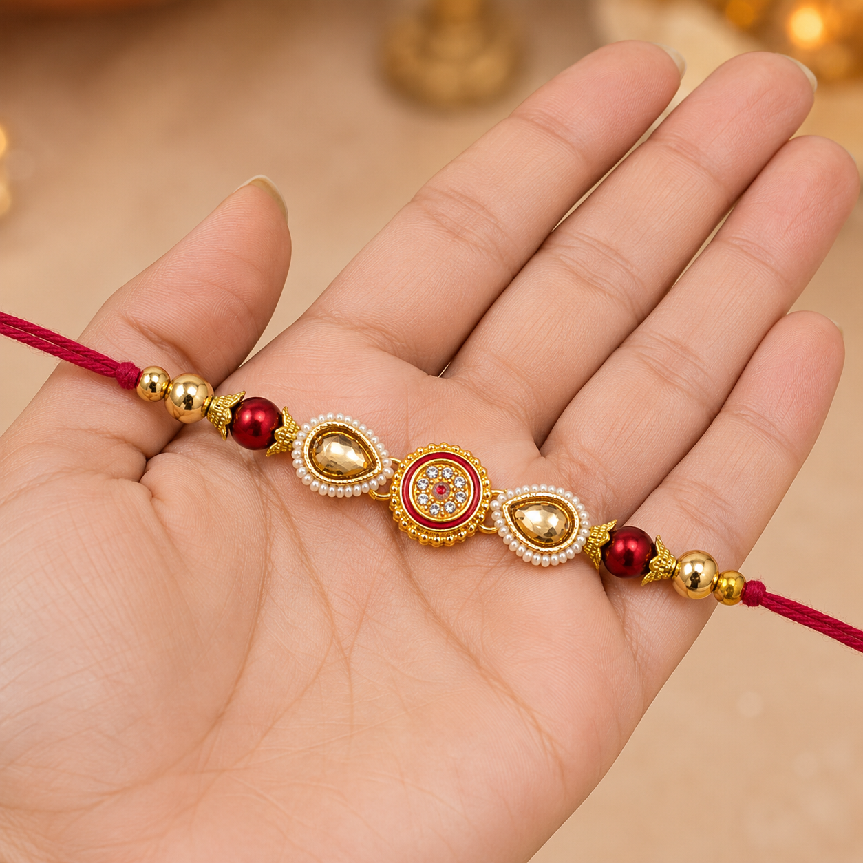 Royal Twin Kundan Pearl Rakhi – Premium Designer Raksha Bandhan Bracelet - Image 2